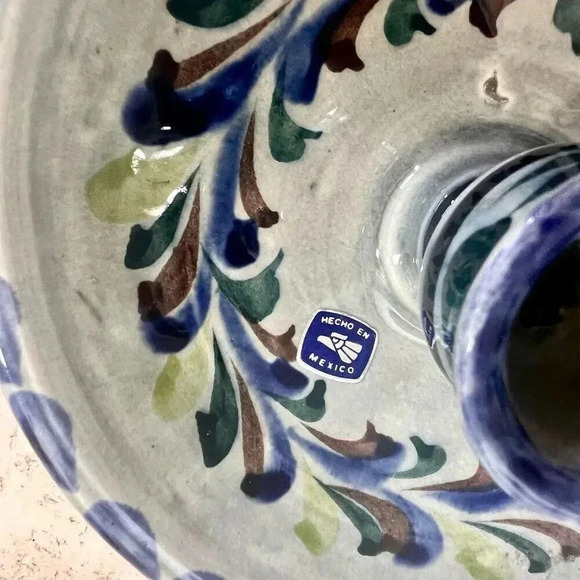 Vintage Pottery Mexico Folk Art Pottery Floral Ceramic Candlestick Candle Holder - Picture 6 of 12
